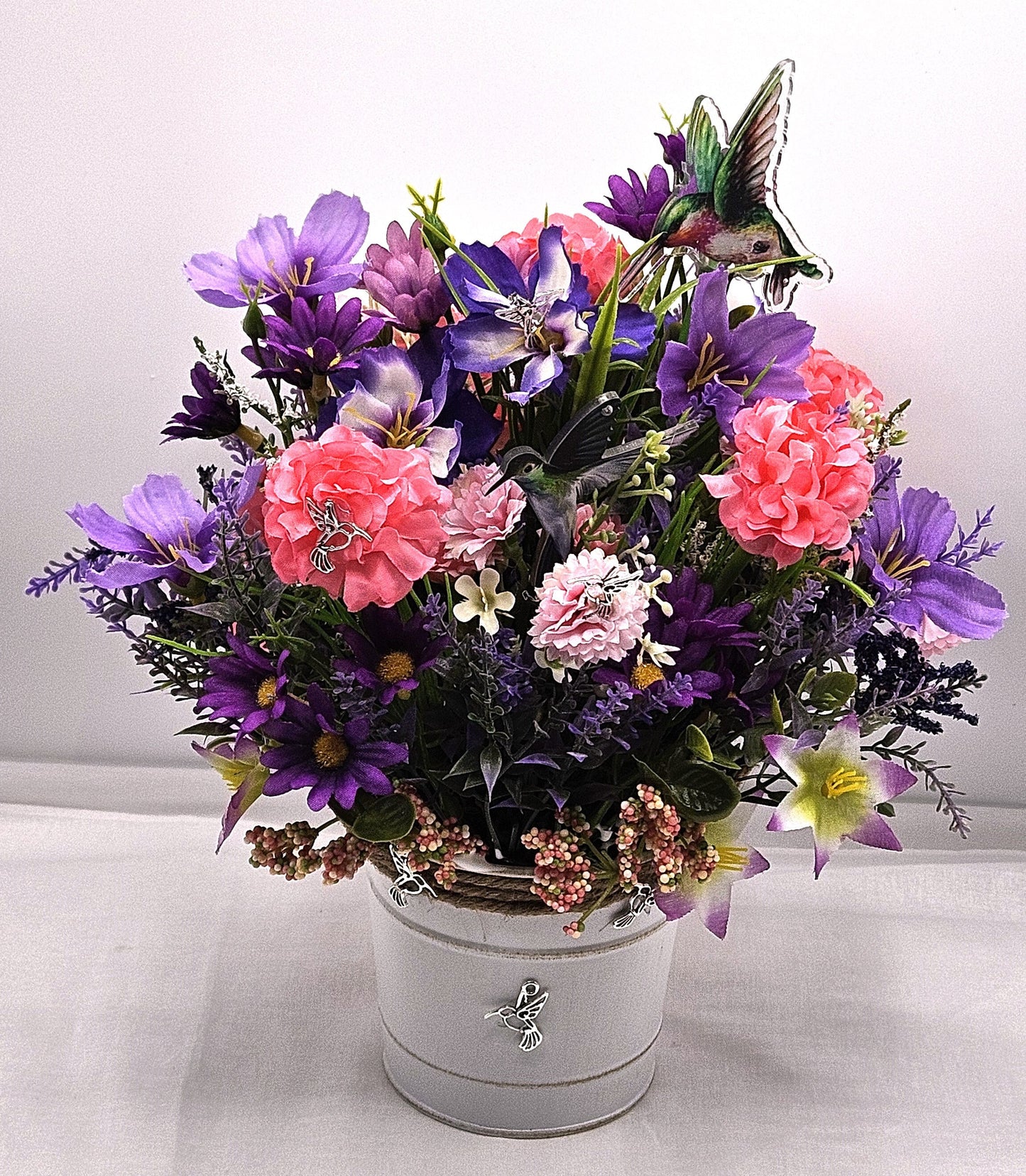 Hummingbird Flower Arrangments, 2 Options, Hummingbird Lover Creations in Yellow/Peach or Piink/Purple Floral Colors, Lots of Hummingbirds