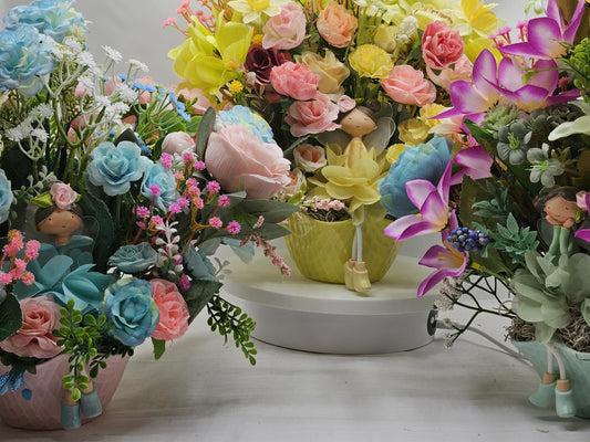 Angels/Fairies in Pastel Bowls w/Vibrant Colorful Florals, Three Options For Your Angel/Yellow, Green or Blue color Scheme/Gifting