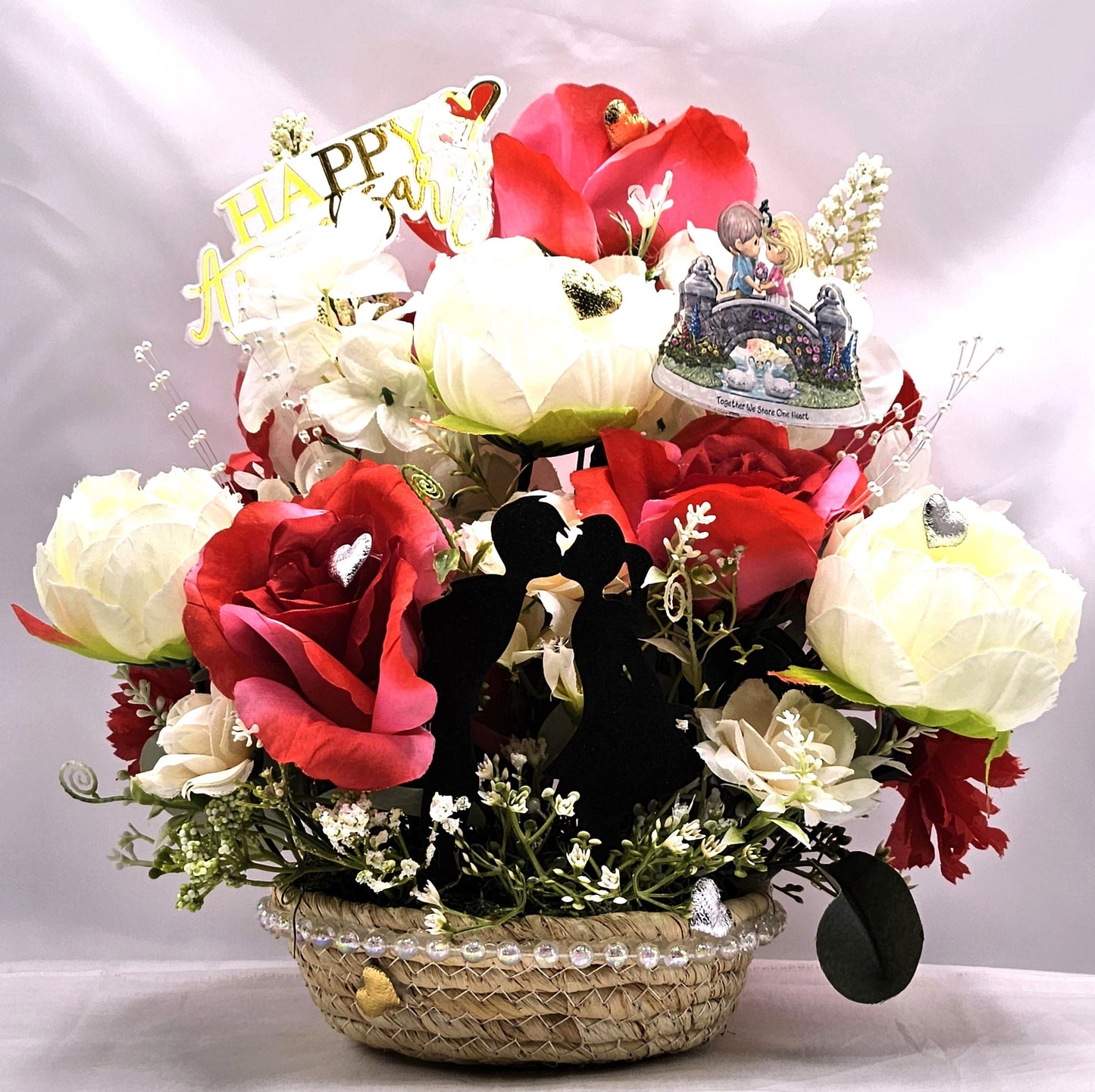 Happy Anniversary Flower Arrangement Features Shadow Kissing Couple, Sentimental Sign, Together We Share One Heart, Shiny Hearts/Pearl Trim