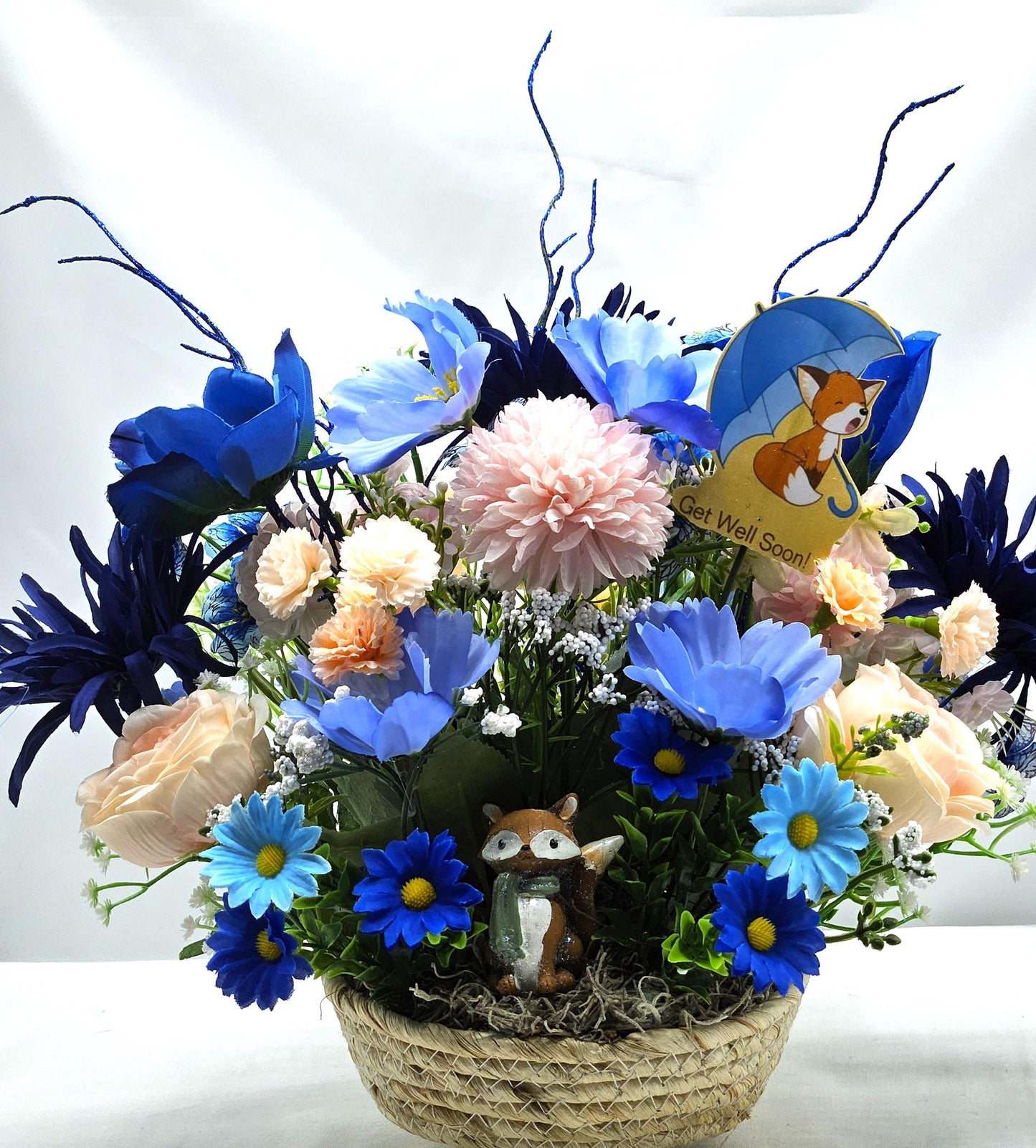 Get Well/Feel Better Floral Arrangements, 2 Options, Cute Fox Theme/Pink/Blue Florals Or Fluffy Cat Theme/Pink/Green Florals/Glitter/Signs