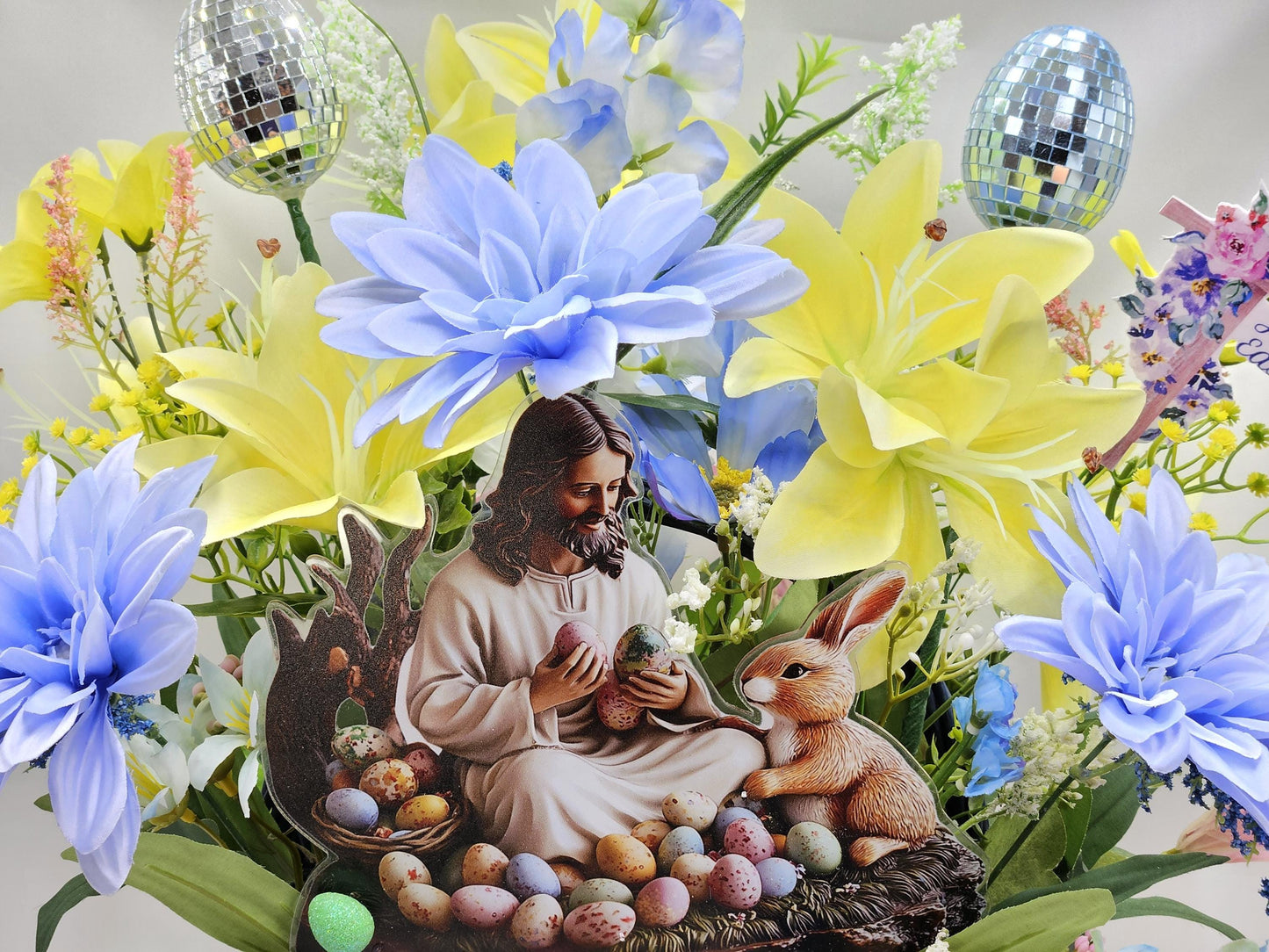 Jesus Sitting with Bunny in Easter Egg Garden and Blue/Yellow Spring Flowers/Other Egg and Bunny Accents, Happy Easter Sign