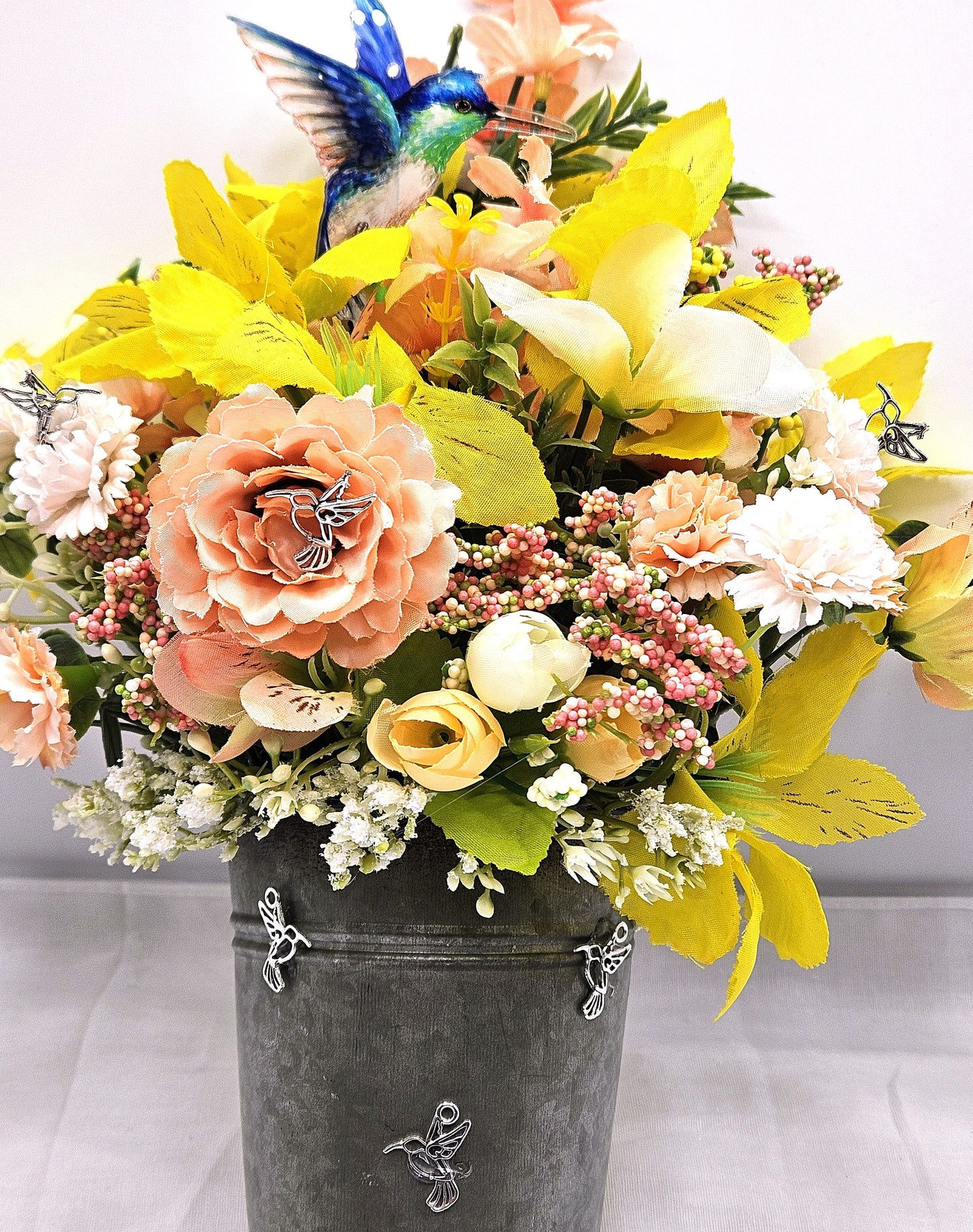 Hummingbird Flower Arrangments, 2 Options, Hummingbird Lover Creations in Yellow/Peach or Piink/Purple Floral Colors, Lots of Hummingbirds