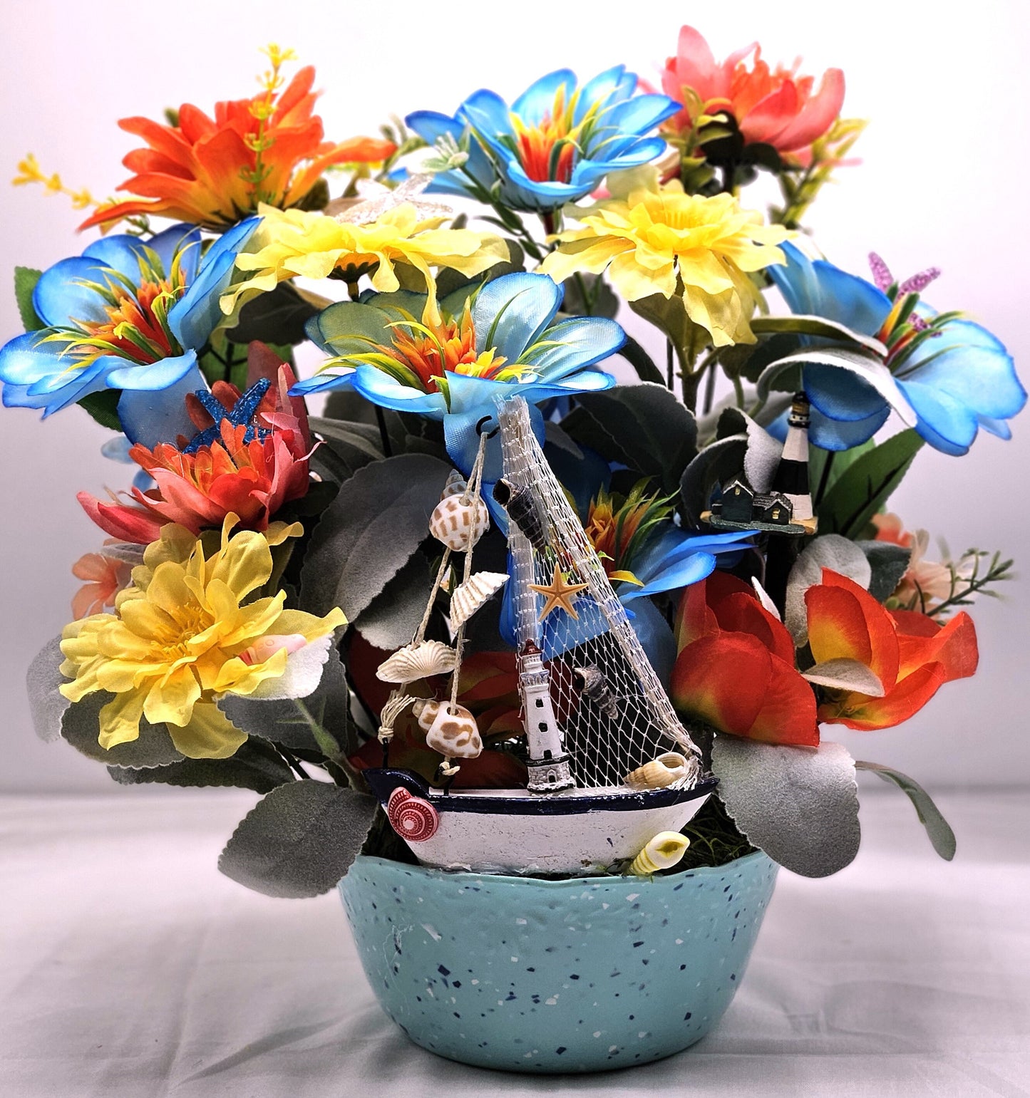 Seaside Serenity Coastal Decor, Sailboat and Lighthouses, Teal/Aqua Flower Arrangement, Beach Lover Gift, Sea Life Decor