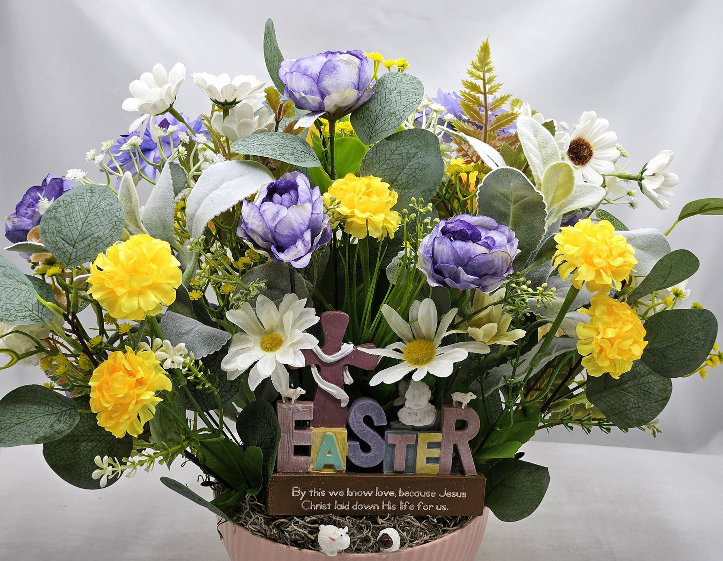 Easter Cross Floral "By This We Know Love Because Jesus Christ Laid Down His Life For Us" Quote/Sheep/Blue/Yellow/Greenery/Happy Easter