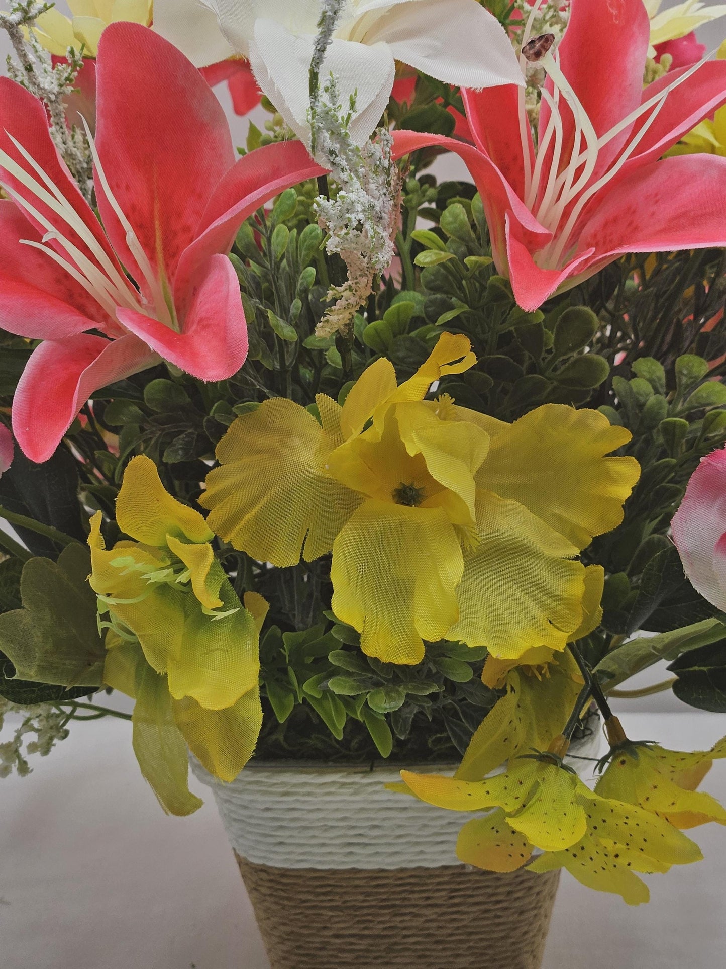 Lilies and Bunnies in a Wicker-Type Basket, 2 Options, Square or Round, Sophisticated Rabbits or Cute Rattan Bunny, Yellow w/Hot Pink/Mauve