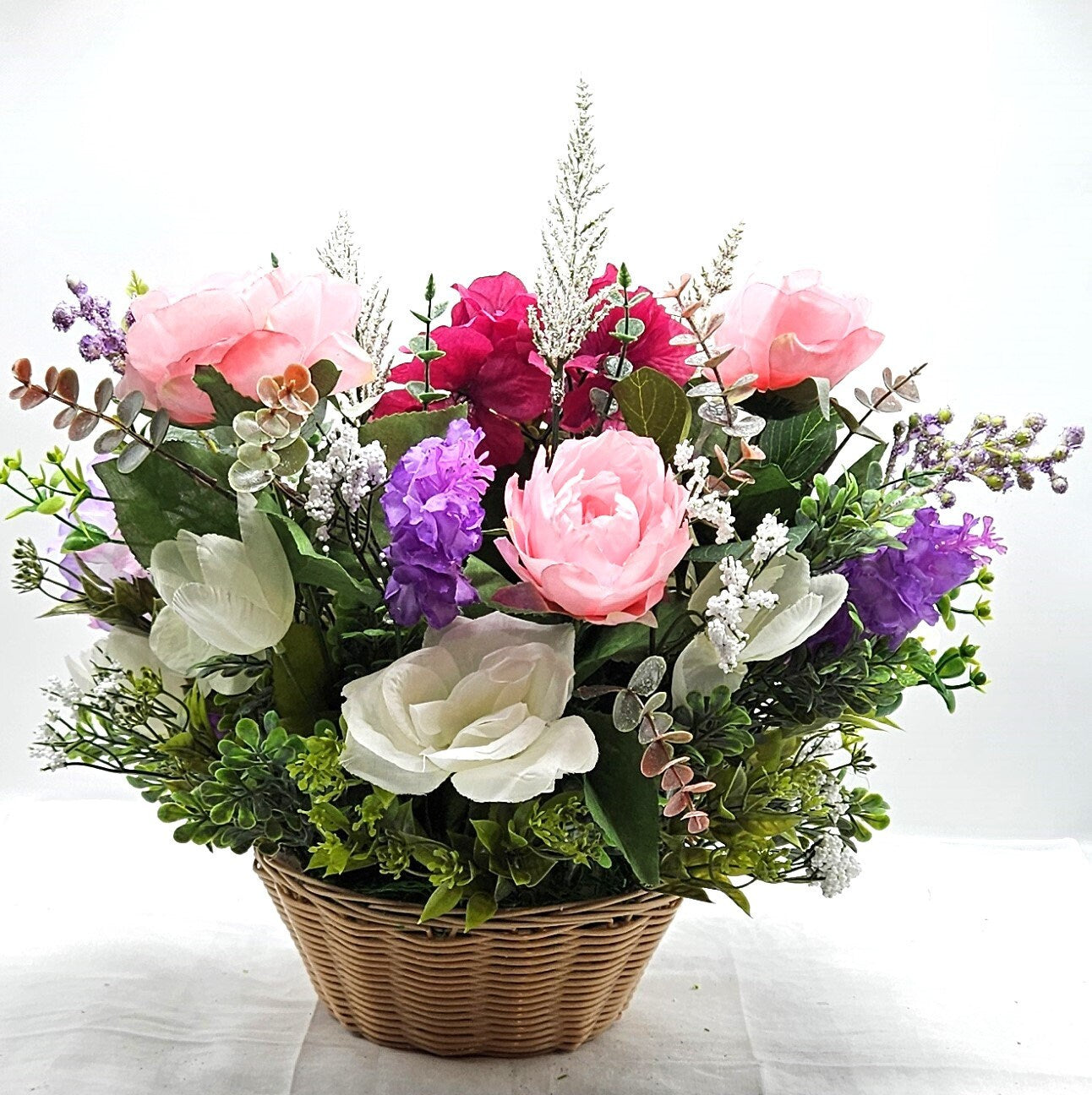 Romantic Lion Love - Cute Lion Romantic Flower Arrangement with Pink and Lilac Flowers, Glittery Hearts, and Cheery Stuffed Lion