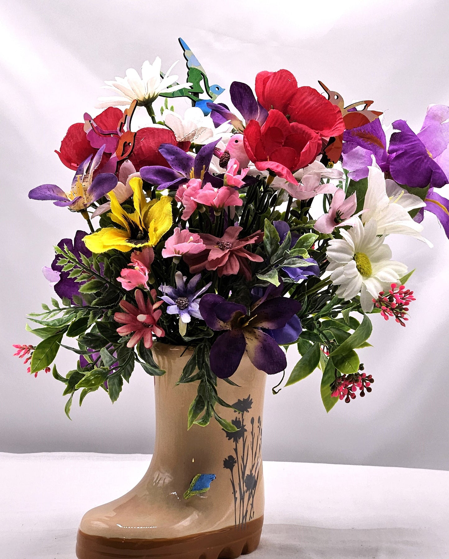 Handcrafted Rain Boot Floral Arrangement with Bird, Two Options, Spring Lover Gift, Mixed Spring Flowers