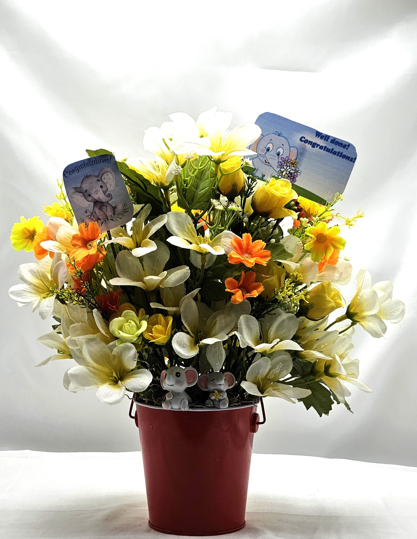 Congratulations Elephant Flower Arrangement - Yellow & White Flowers in Red Bucket, with Heartfelt Messages, Congratulations Gift