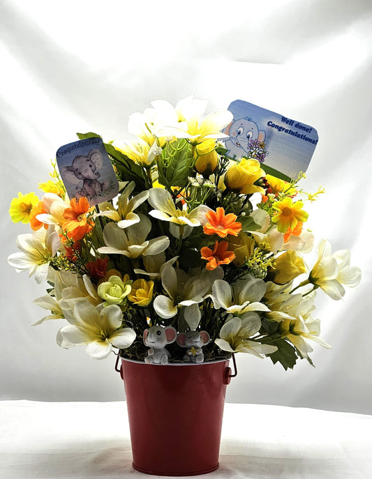 Congratulations Elephant Flower Arrangement - Yellow & White Flowers in Red Bucket, with Heartfelt Messages, Congratulations Gift
