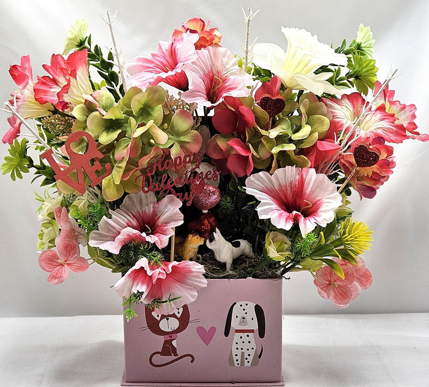 Paw-Fect Togethe Romantic Floral Gift in Decorated Box, Puppy Figures/Hearts/Pink/Green Flowers/White Glitter Accents/Love Gift