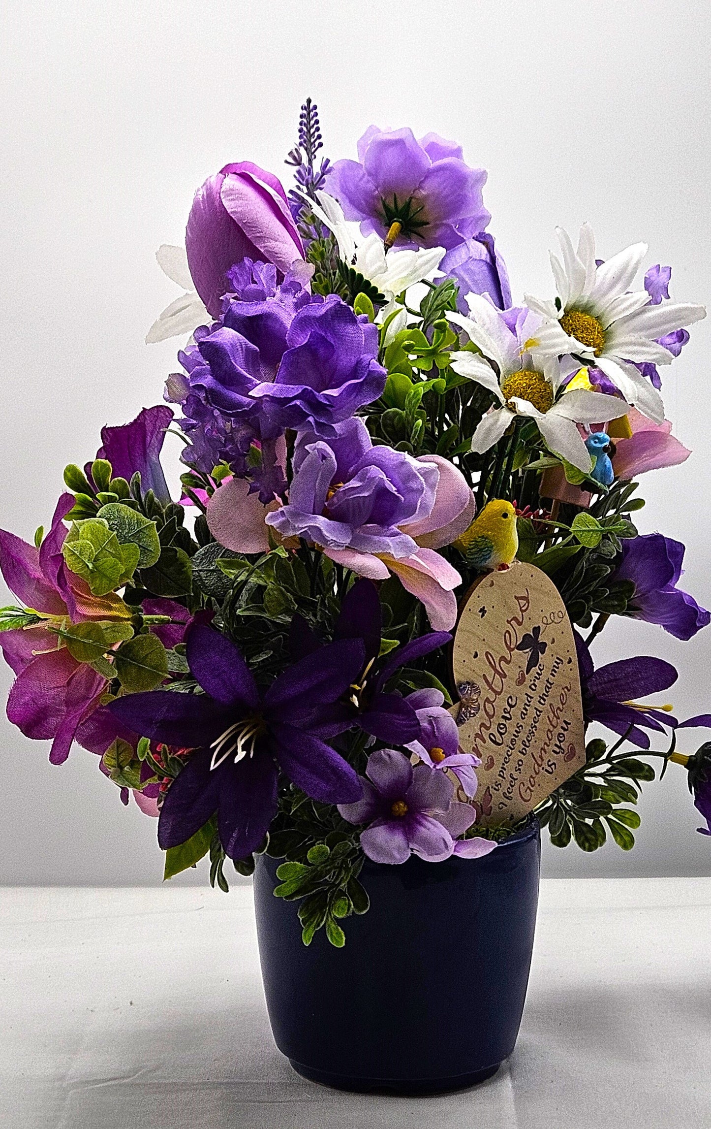 Godmother Gift White Daisies Purple Lilies Flowers Cute, Cosmos Flower Purple Roses Flower Arrangements Centerpiece Plant Pot Ceramic Unique