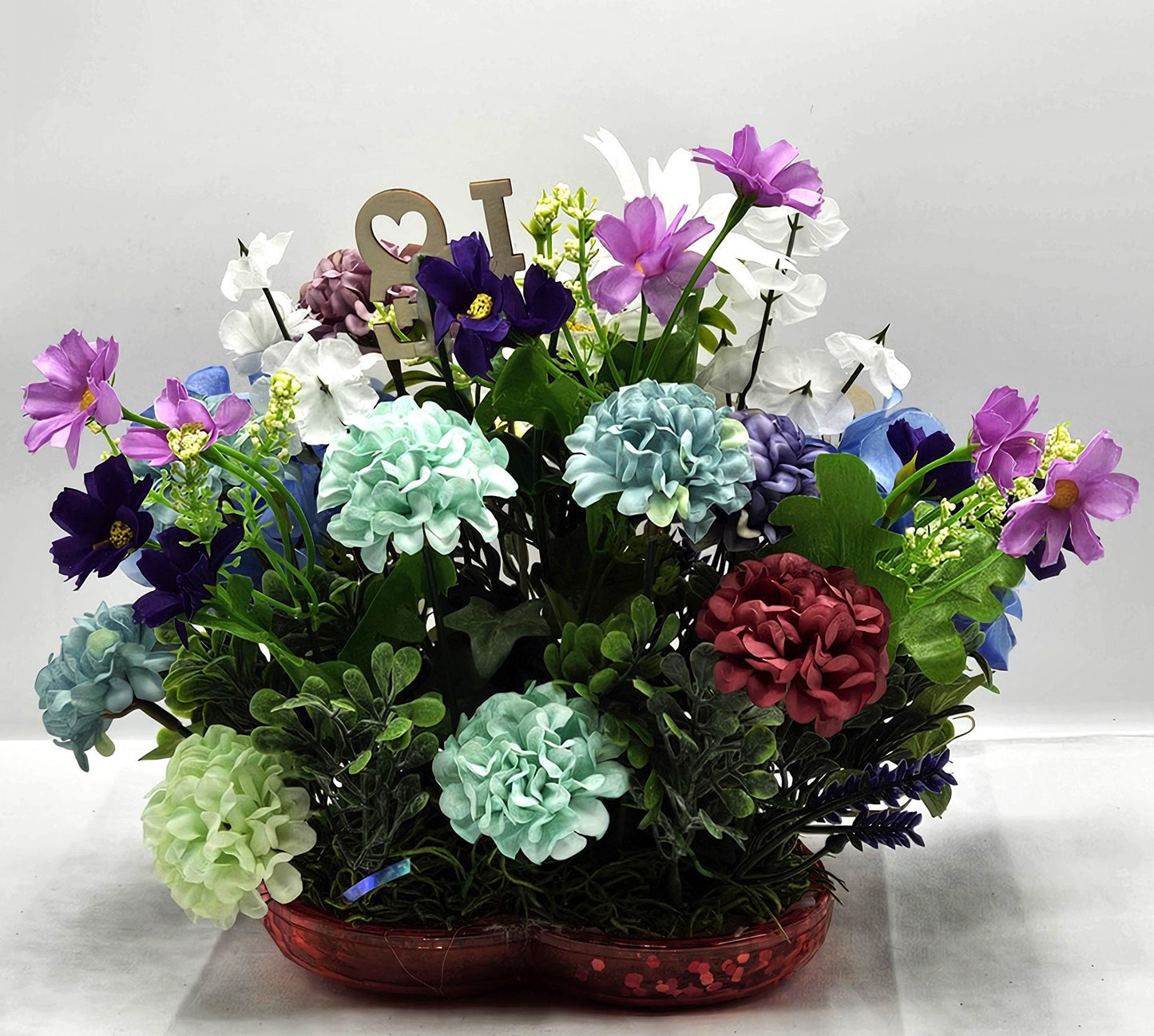 Heart-Shaped Romantic Flower Arrangement/Choose Cute Cat in Boot, Chihuahua Pups, or Big Bow/with Assorted Florals & Heart Love Signs