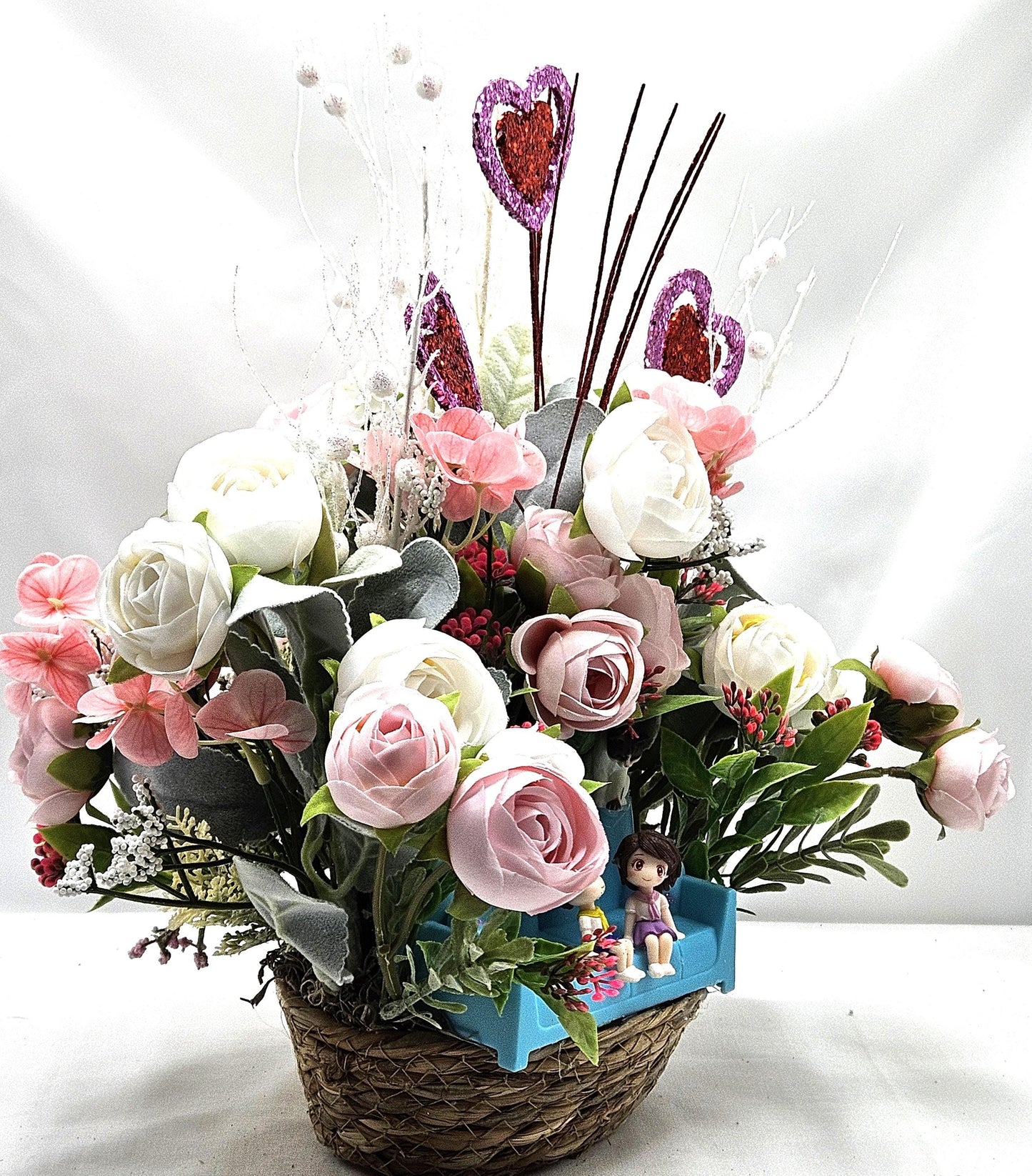 Romantic Couple On Sofa With Puppy And Kitty, Garden Roses, Glittery Hearts, Valentine Gift, I Love You Present