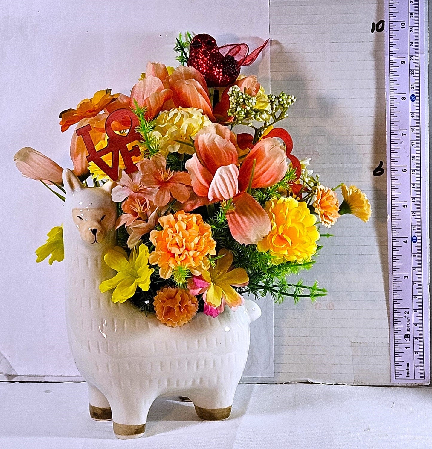 Love Ceramic Llama Arrangement: Peach/Yellow Blooms with Heartfelt Messages & Cute Bird, Perfect for Romantic Gift Occasions