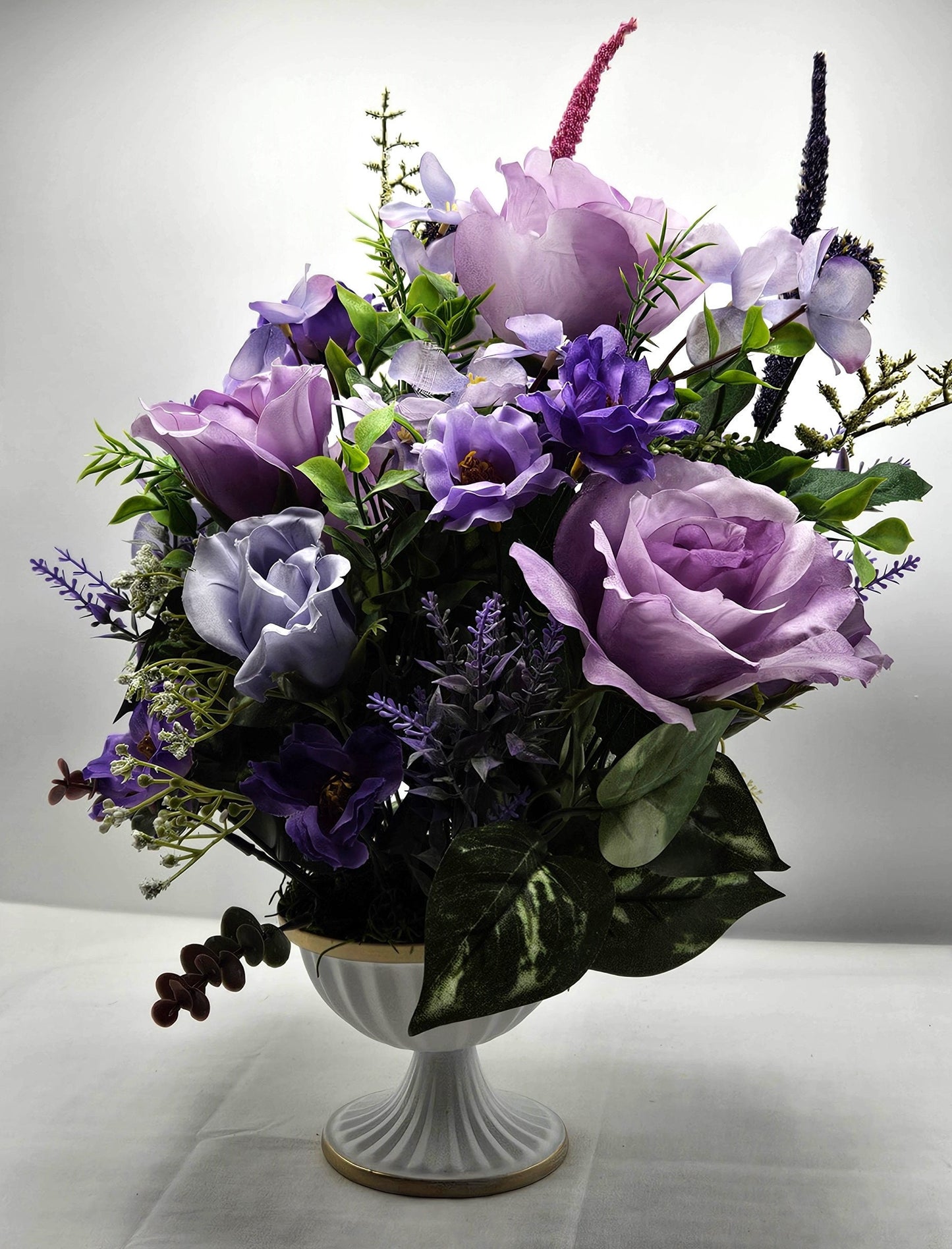 Lilac Rose and Baby's Breath Centerpiece in Footed Dish - Sophisticated Table Accent, Great for Mother's Day or Hostess Gift