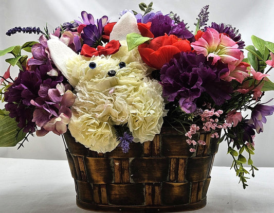 Handmade Carnation/Mum Flower Dogs/Two Options, in Box or Basket, Pieces filled w/Multi-Colored Sprimg/Summer Flowers/Greenery/Other Accents