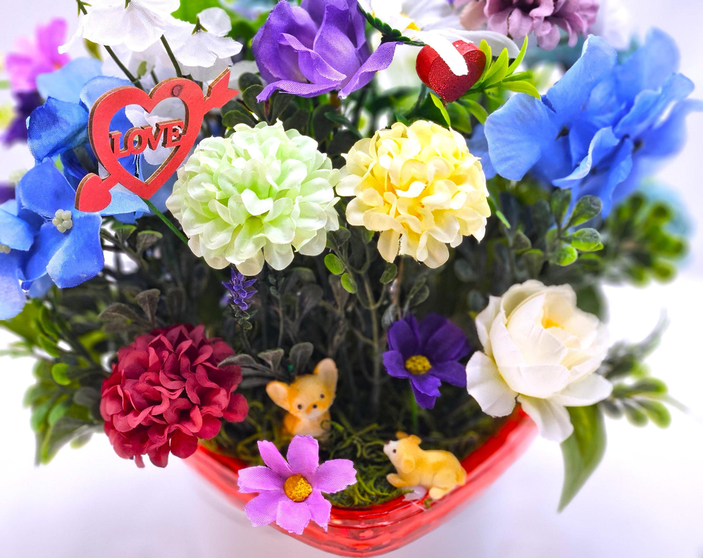 Charming Floral Arrangement in Heart-Shaped Dish, 3 Choices,  Pick from Bunnies or Llamas, Deer SOLD, Gift for Her, Any Occasion