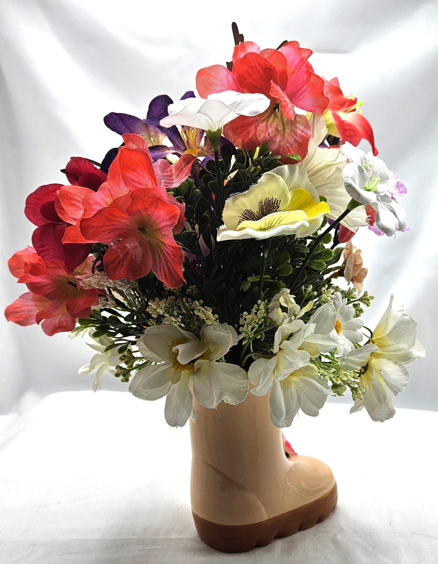 Handcrafted Rain Boot Floral Arrangement with Bird, Two Options, Spring Lover Gift, Mixed Spring Flowers