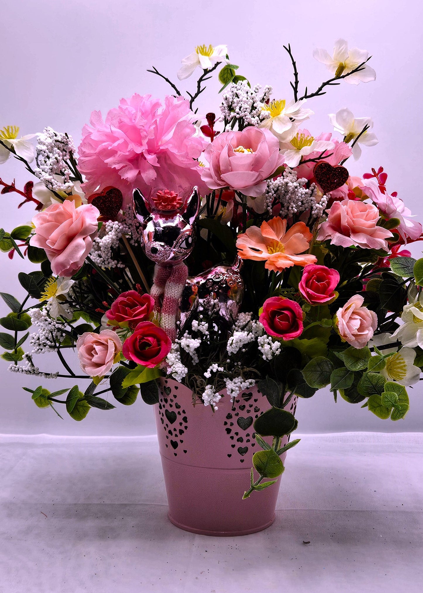 Romantic Flower Arrangement, Cute Pink Love Deer, Sweetheart Pink/White Flowers in Pink Scalloped Pot