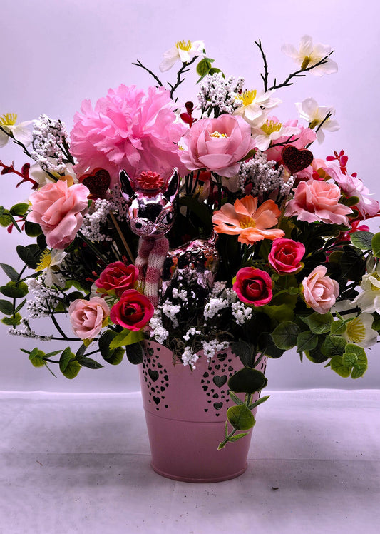 Romantic Flower Arrangement, Cute Pink Love Deer, Sweetheart Pink/White Flowers in Pink Scalloped Pot