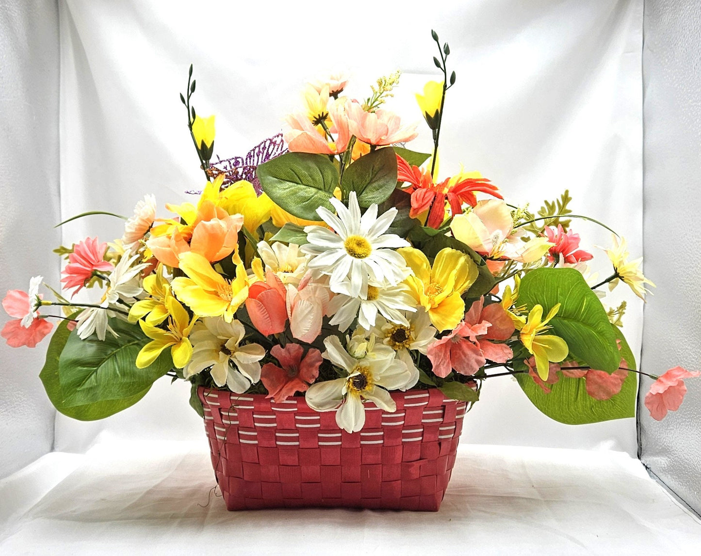 Wildflower Basket with Butterflies, Hot Pink Floral Container, Yellow Flower Basket, Gifts for Flower Lovers