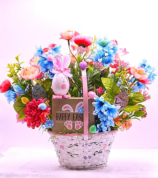 Springtime Delight Handmade Happy Easter Bunny Flower Basket with Glitter Eggs and Pastel Flowers