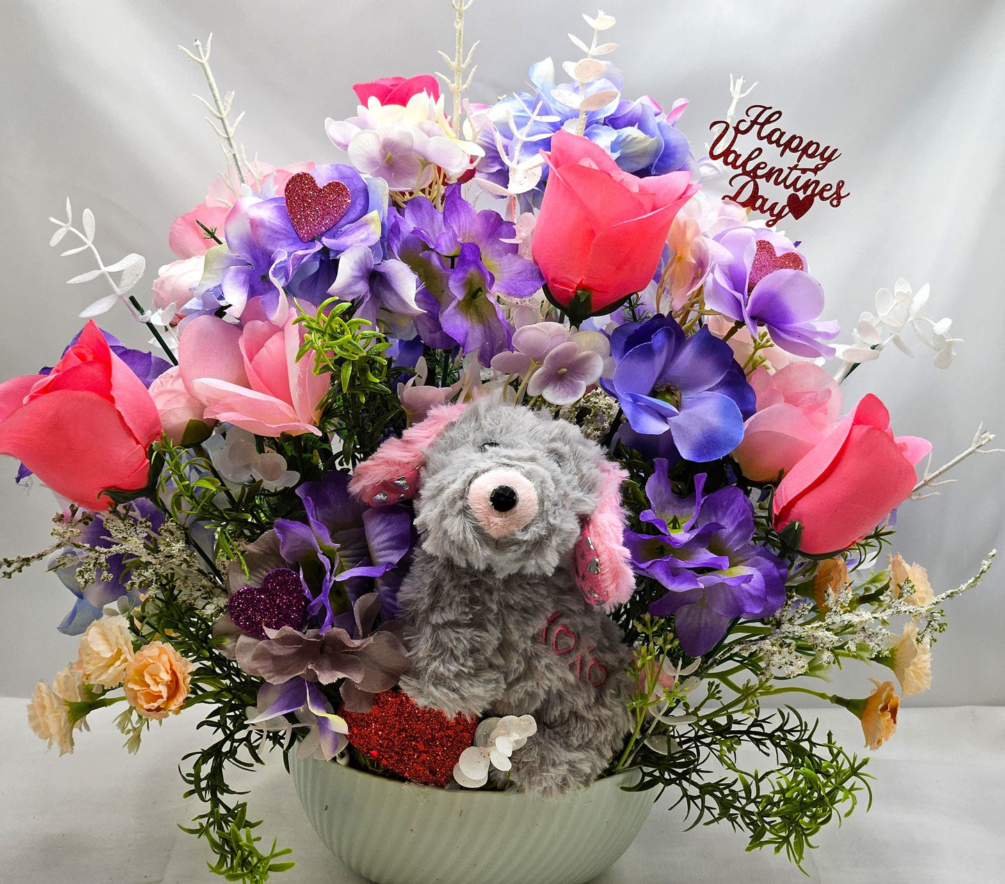 Valentine Romantic Decor, Fluffy Grey Puppy, Pink Roses Magic, Purple Flowers, White Glitter Shine, Gift, Greenery