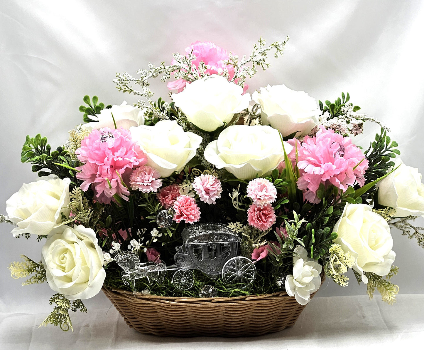Crystal-Like Horse and Buggy, Princess Carriage, Floral White Roses, Pink Carnations, Sparkle Accents, Bridal Decor