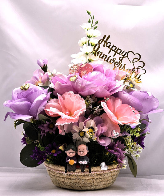 Grandparents, Parents  Happy Anniversary Flower Arrangement in woven basket, Grandma/Grandpa in Love, Roses/Romantic Accents/Lilac/Pink