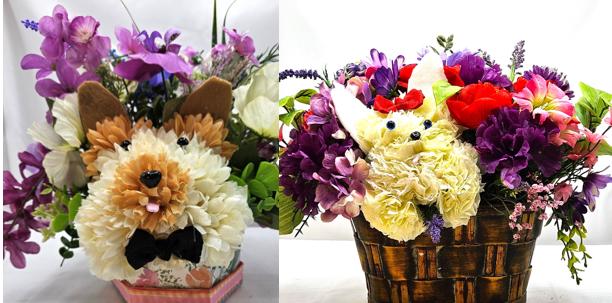 Handmade Carnation/Mum Flower Dogs/Two Options, in Box or Basket, Pieces filled w/Multi-Colored Sprimg/Summer Flowers/Greenery/Other Accents