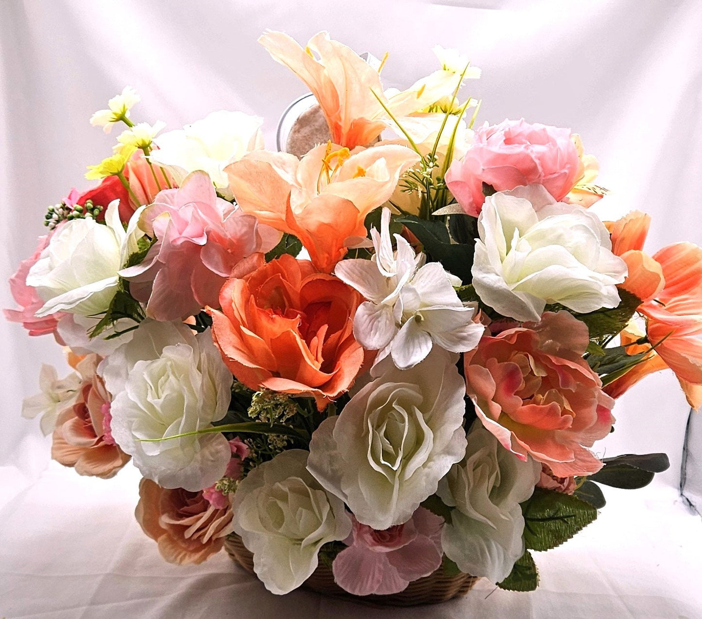 Oval Basket Flower Arrangement, Watering Can, Roses, Wildflowers, Bunnies, Housewarming Gift, Gift for Her