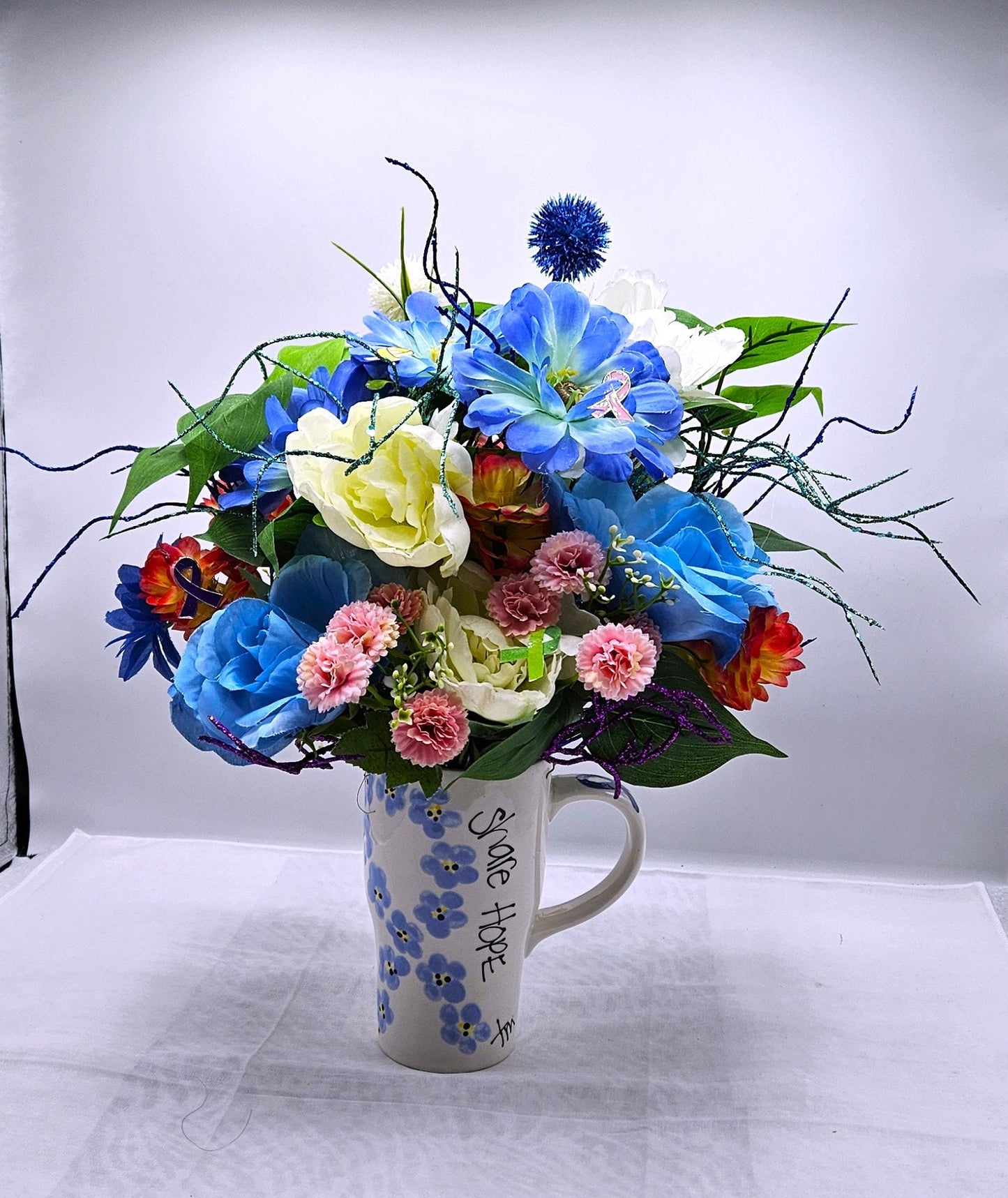 Supportive Cancer Awareness Mug - Beautiful Ceramic with Blue Ribbon & Flower Arrangement, Perfect Gift for Warriors