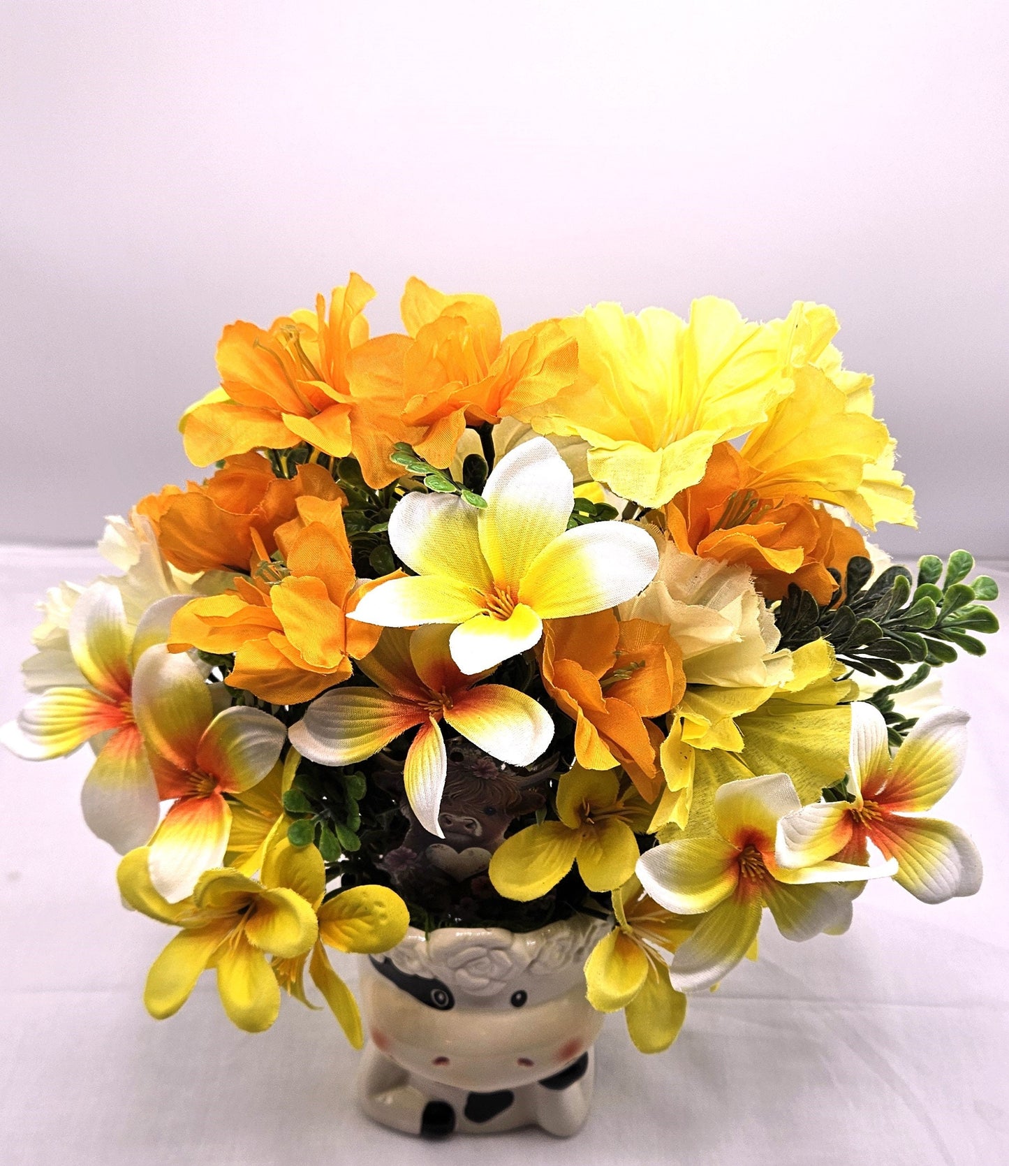 Adorable Cow Ceramic Flower Arranngement, Whimsical Cow Adorned with peach/orange/yellow Lilies/Cosmos/Petunias, Cow Lover Gift, Farmhouse