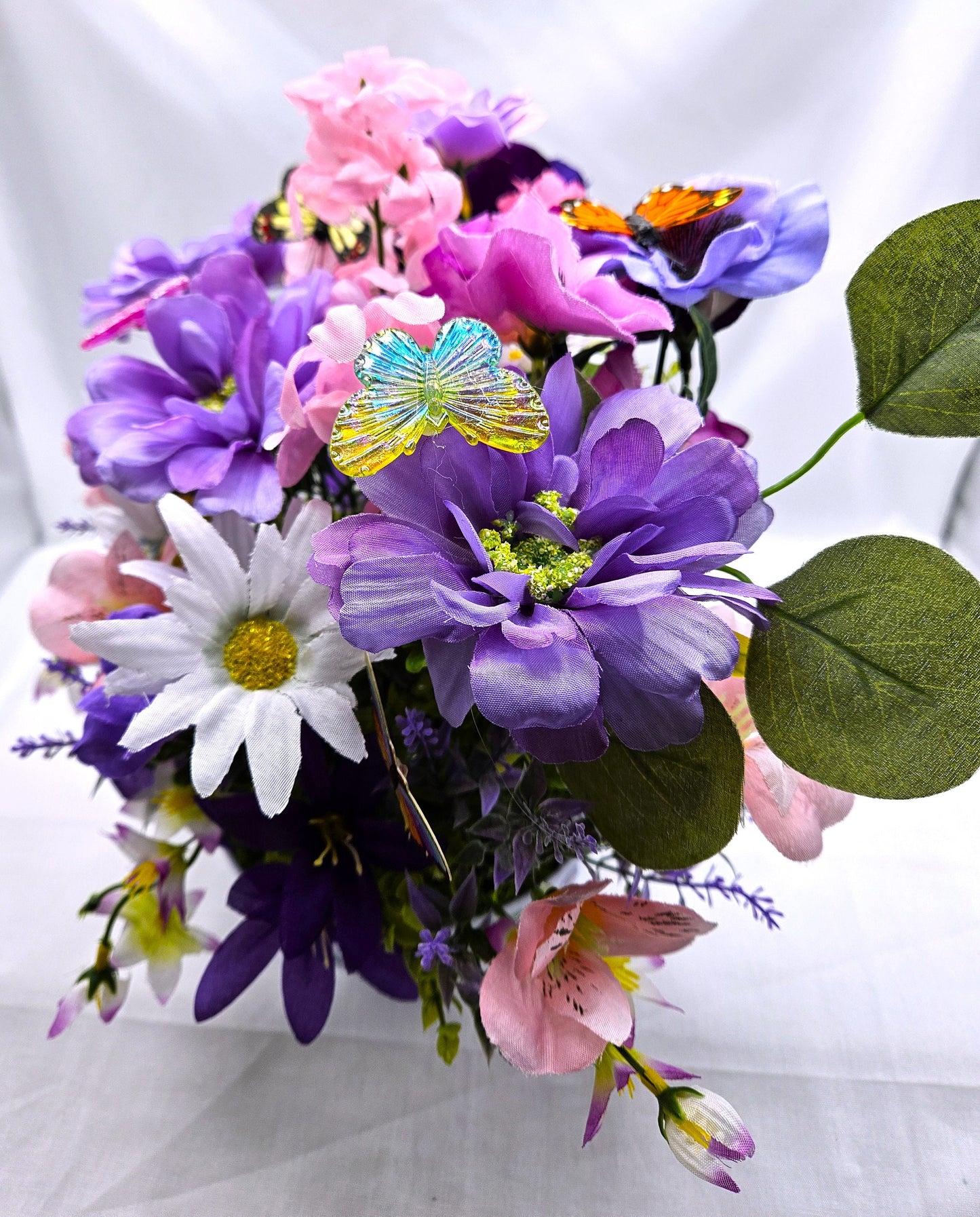 Bowl of Flowers for the Butterfly Lover,  Purple/Pink flowers, Several buterflies within the floral garden, Great Butterly Lover Gift