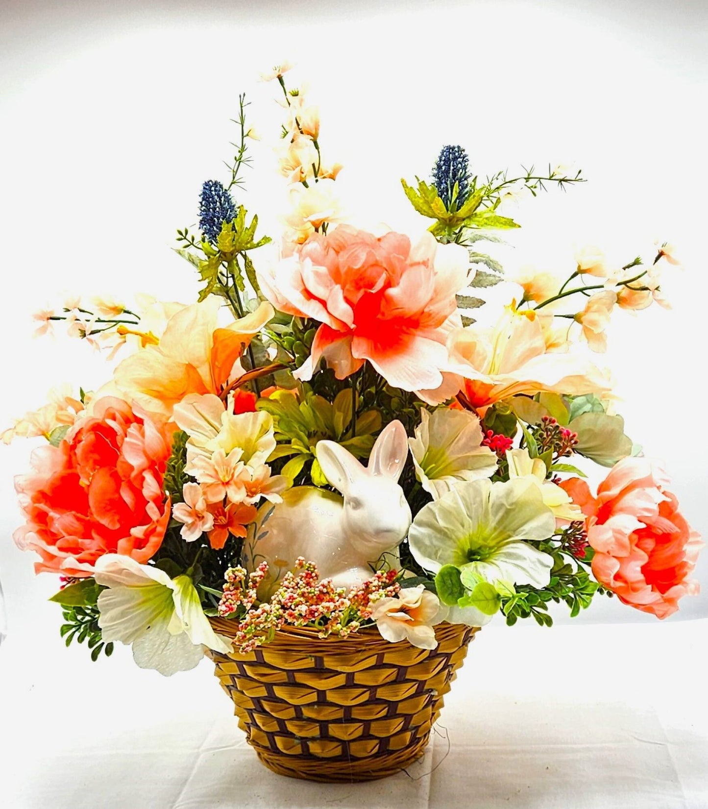 Elegant Spring Centerpiece with Bunny in Wicker Basket,  Peach and Jade Colored Peonies, Petunias and other Spring Flowers