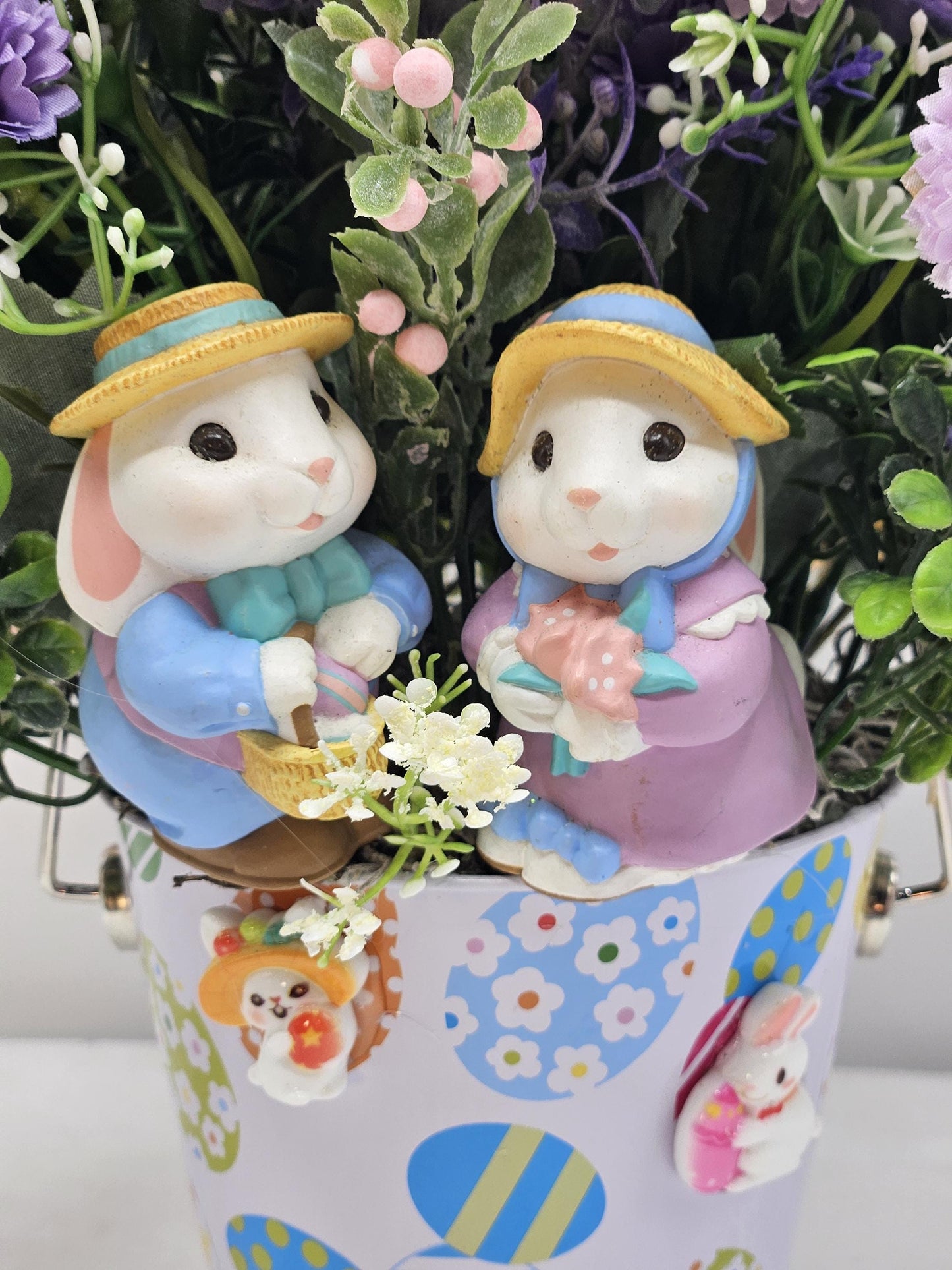 Whimsical Easter Centerpieces/Egg-Decorated Pail, 2 Options, A Ciute Rabbit Couple orr Bunnies in a Basket, Bunny/Egg Accents/Bright Florals