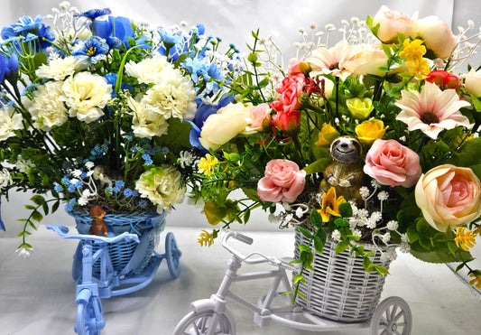 Bike Basket w/Flowers, Centerpiece/Gift/2 Choices/Cheerful Sloth/Cute Puppies/Blue/w White or White w/Pink/Yellow/White/Vibrant Florals
