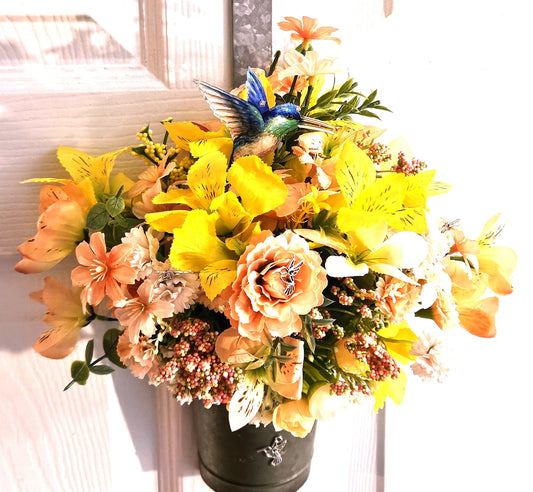Hummingbird Flower Arrangments, 2 Options, Hummingbird Lover Creations in Yellow/Peach or Piink/Purple Floral Colors, Lots of Hummingbirds