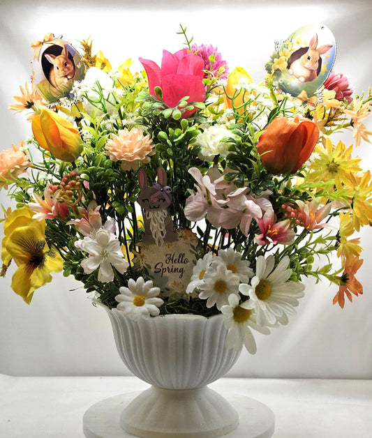 Cheery Hello Spring Floral with Cute Rabbits, Pansies, Daisies, Tulips and Other Vibrant Wildflowers in an Elegant Plastic Footed Bowl