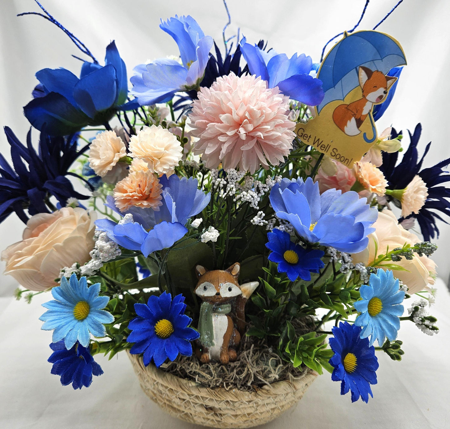Get Well/Feel Better Floral Arrangements, 2 Options, Cute Fox Theme/Pink/Blue Florals Or Fluffy Cat Theme/Pink/Green Florals/Glitter/Signs