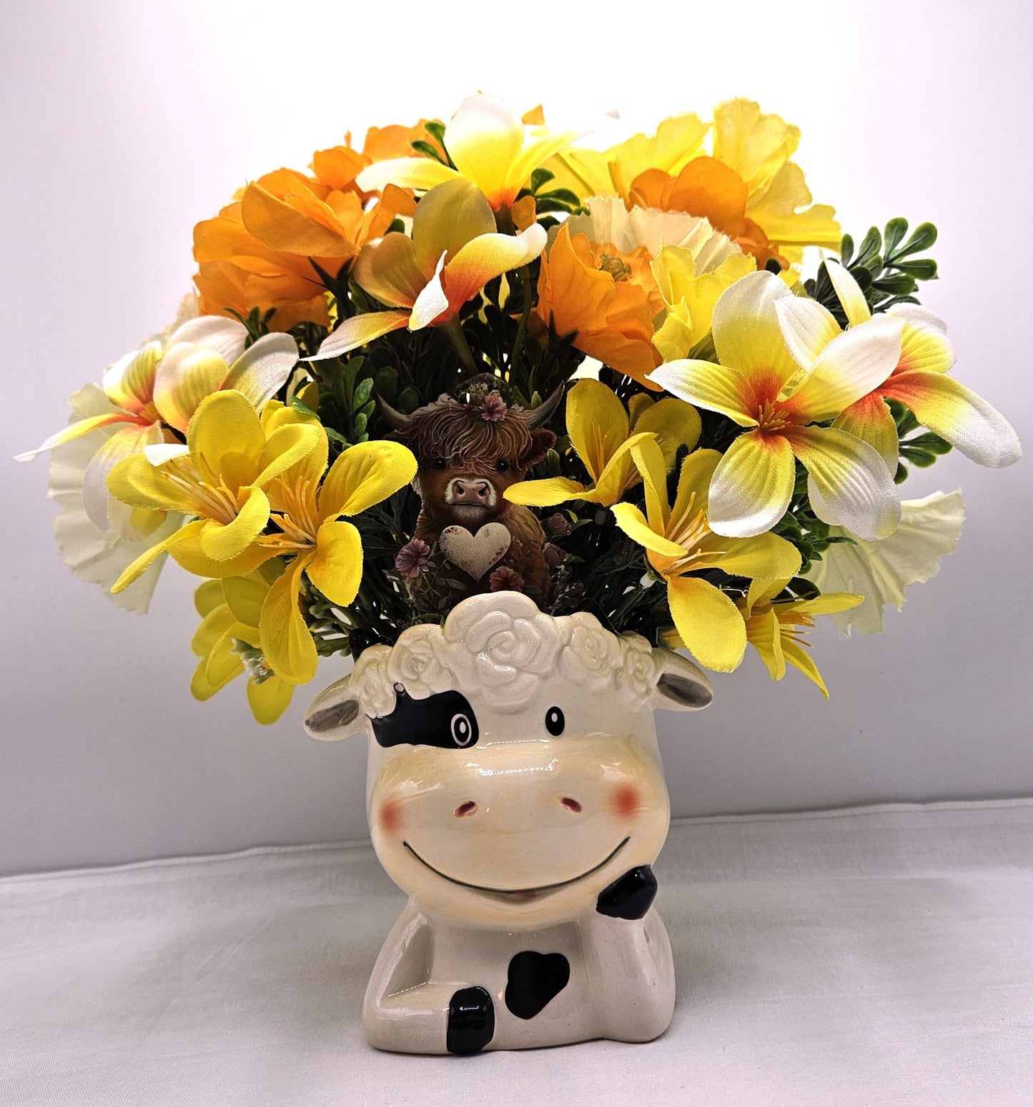 Adorable Cow Ceramic Flower Arranngement, Whimsical Cow Adorned with peach/orange/yellow Lilies/Cosmos/Petunias, Cow Lover Gift, Farmhouse