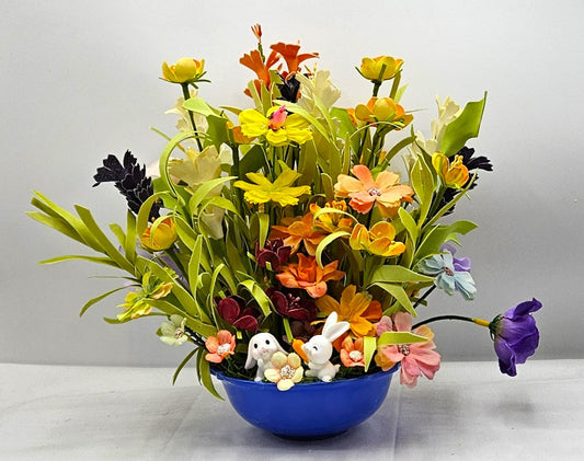 Colorful Spring/Summer Flower Arrangements with Whimsical Rabbit and Chick Accents - Available in Blue, Yellow, or Orange Bowls