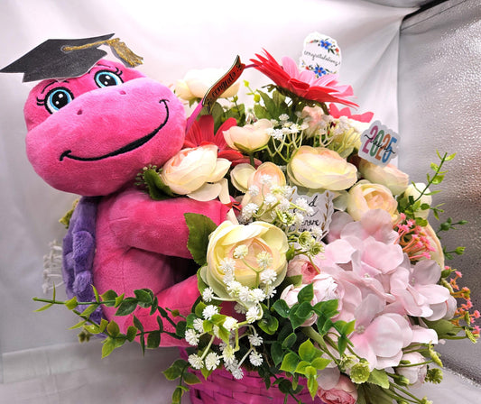 Turtle Lover Graduation Centerpiece/Whimsical Stuffed Pastel Turtle/Pink Wicker Basket/Ranunculus/Roses/Hydrangea/Pinks/White/Congrat Notes