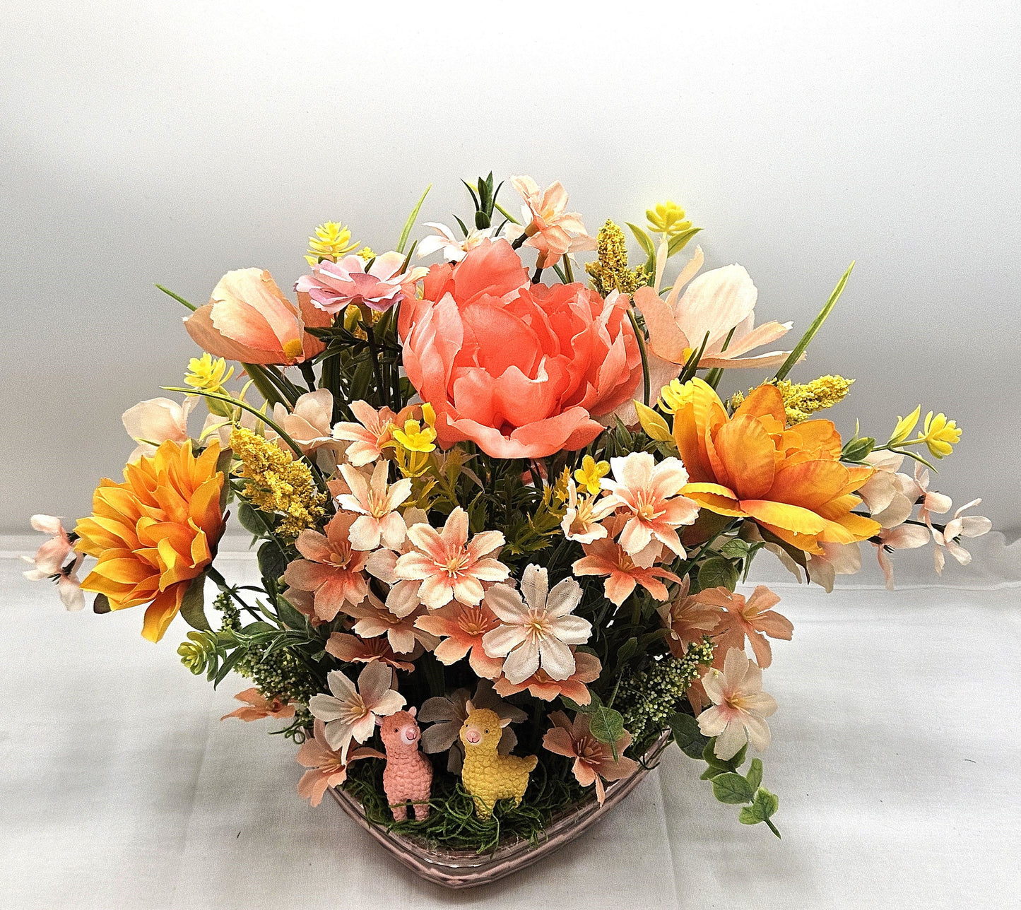 Charming Floral Arrangement in Heart-Shaped Dish, 3 Choices,  Pick from Bunnies or Llamas, Deer SOLD, Gift for Her, Any Occasion