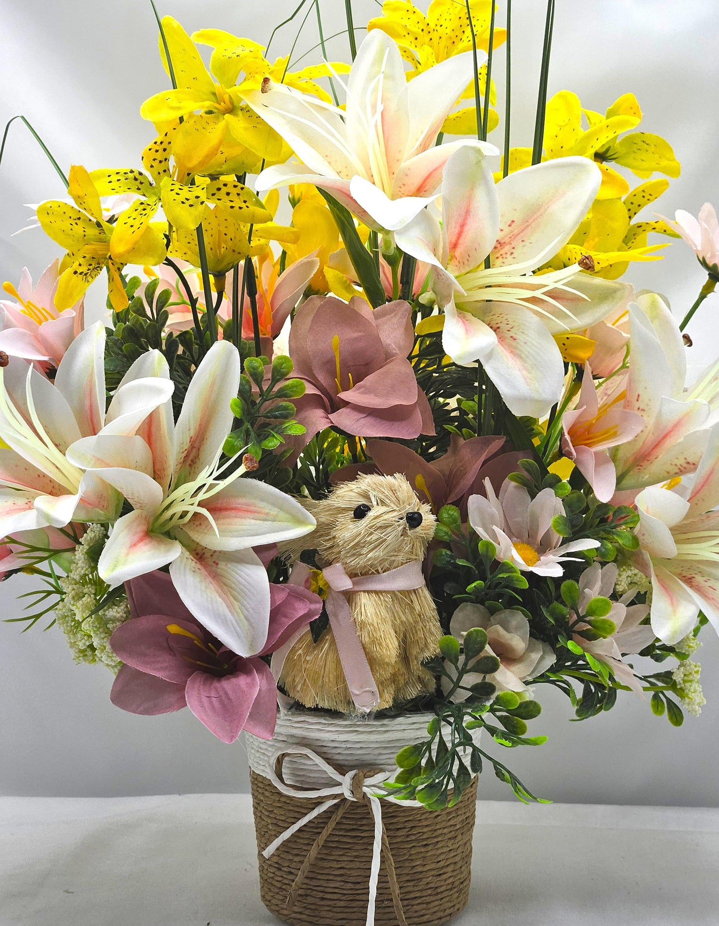 Lilies and Bunnies in a Wicker-Type Basket, 2 Options, Square or Round, Sophisticated Rabbits or Cute Rattan Bunny, Yellow w/Hot Pink/Mauve