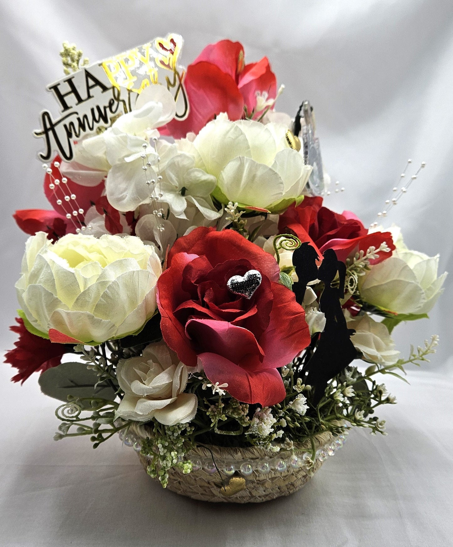 Happy Anniversary Flower Arrangement Features Shadow Kissing Couple, Sentimental Sign, Together We Share One Heart, Shiny Hearts/Pearl Trim