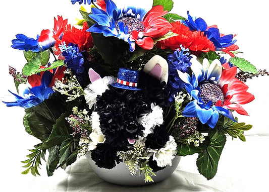 Black and White Silk Carnation Flower Dog Decor, Red/White/Blue Floral Garden, Patriotic Gift, Dog Lover Decor