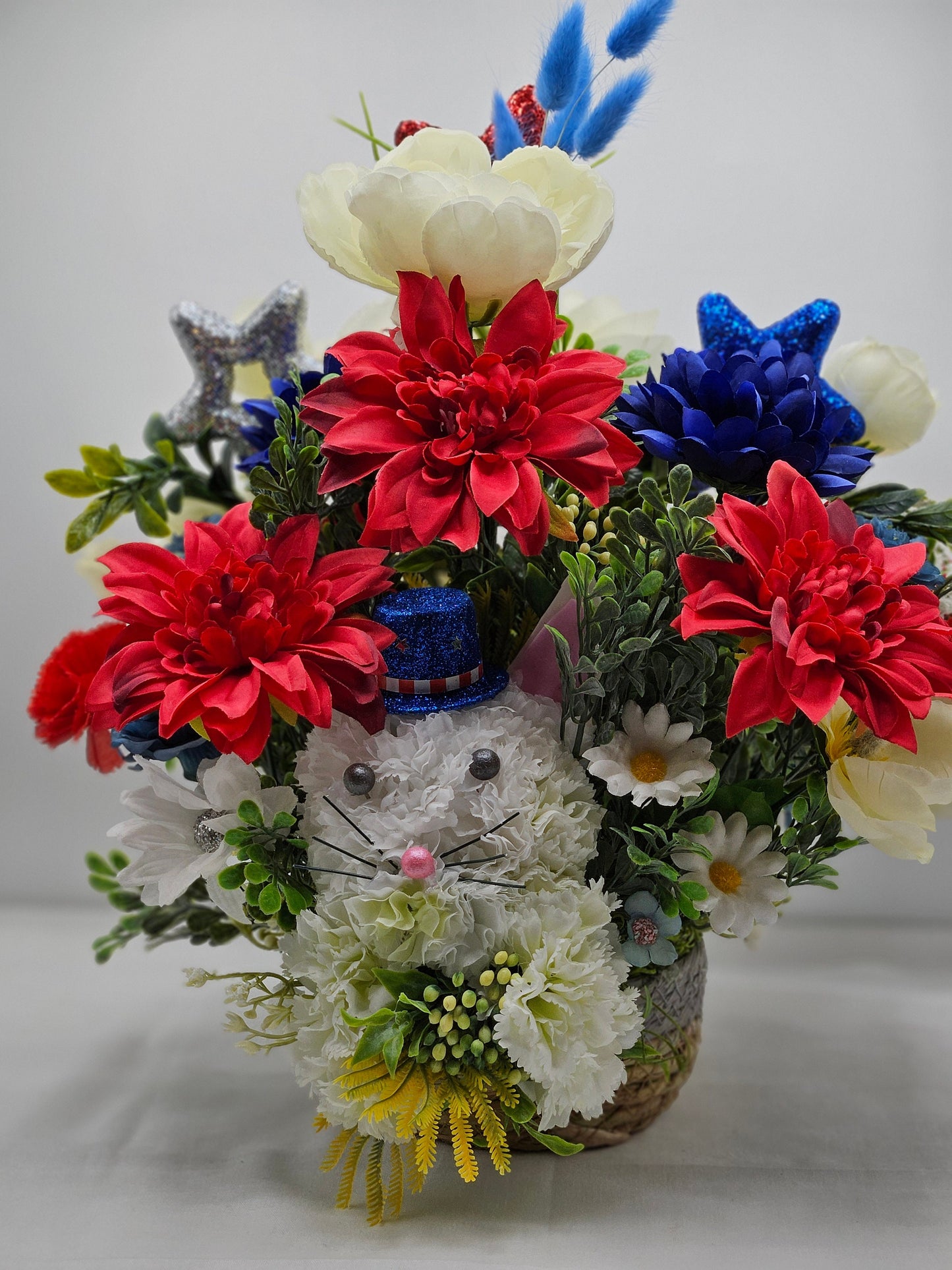 Handmade Carnation Flower Cat, White with Gray Pearl Eyes, Pink Pearl Nose, American Tophat in Red/White/Blue Floral Garden, Patriotic Pride