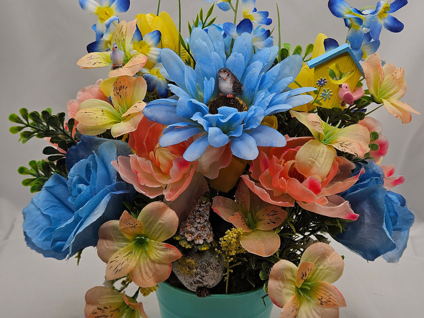 Bird Inspired Flower Arrangement in an Aqua Blue Pot with Peach/Blue/Yellow Flowers, Birid Accents, Bird Lover Gift, Great Home Gift Idea
