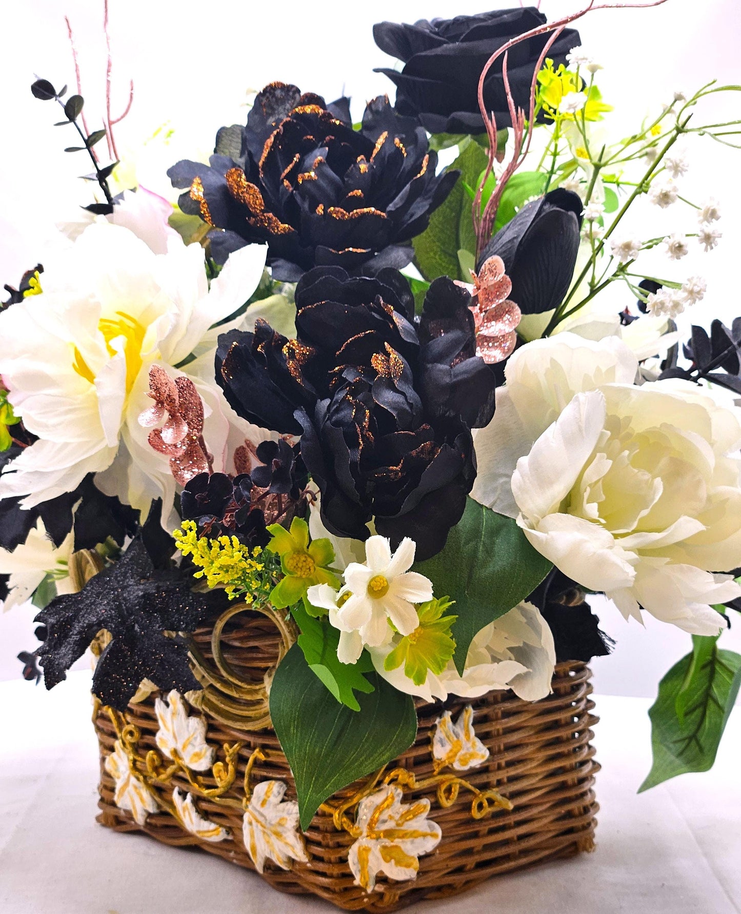 Handcrafted Floral Basket, Black & White Home Decor, Centerpiece Idea, Housewarming Gift, Floral Basket Decor